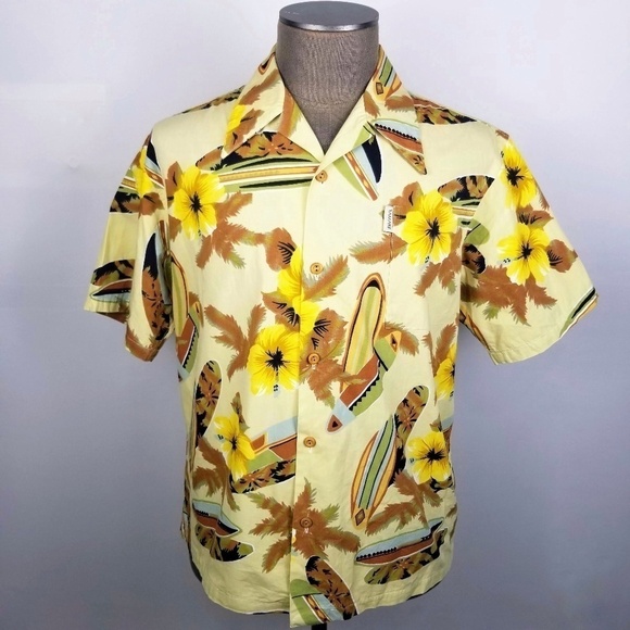 70’s TAMARE VINTAGE HAWAIIAN Tropical Shirt Mens L Pale Yellow- Butterfly Collar - Picture 1 of 7